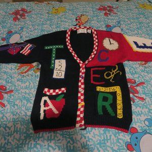 VTG 90s Design Options Teacher USA History Ruler Flag Cardigan Sweater Med Ramie